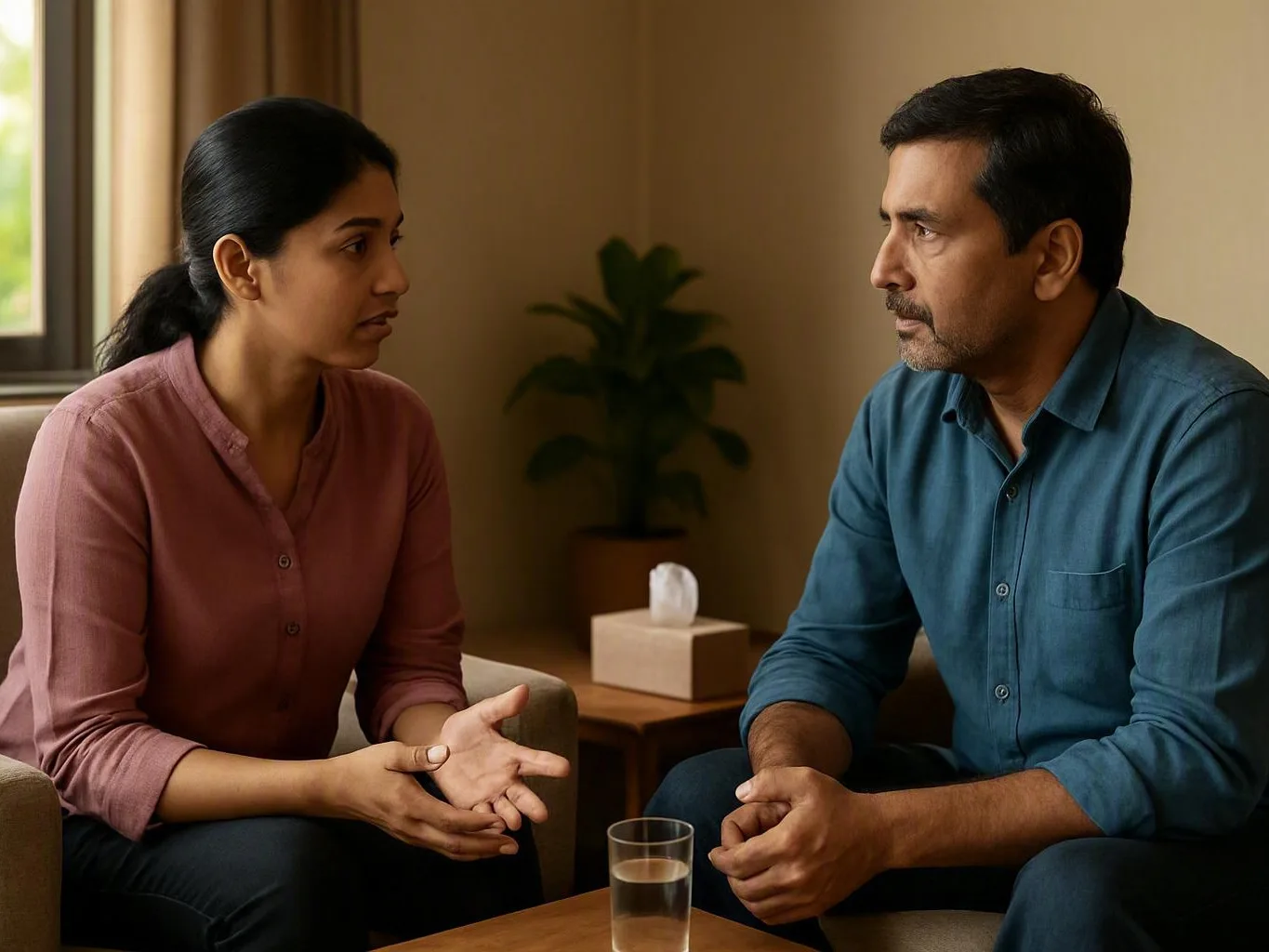 Woman and man discuss recovery in a quiet living room with a glass between them